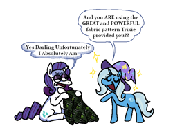 Size: 2046x1572 | Tagged: safe, artist:punkittdev, rarity, trixie, pony, unicorn, g4, annoyed, clothes, dialogue, dudeweed, duo, eyes closed, eyeshadow, fabric, female, hat, hoodie, lidded eyes, makeup, mare, monster energy, open mouth, open smile, pattern, rarity is not amused, simple background, sitting, smiling, sparkles, speech bubble, trixie's hat, unamused