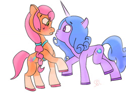 Size: 1032x774 | Tagged: safe, artist:seisai1751, izzy moonbow, sunny starscout, earth pony, pony, unicorn, g5, my little pony: a new generation, blushing, duo, female, lesbian, scene interpretation, ship:moonscout, shipping, signature, simple background, staring contest, white background