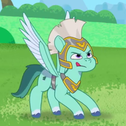 Size: 394x394 | Tagged: safe, screencap, thunder flap, pegasus, pony, g5, my little pony: tell your tale, zipp's flight school, spoiler:g5, spoiler:my little pony: tell your tale, spoiler:tyts01e02, cropped, focused, male, pegasus royal guard, royal guard, solo, spread wings, stallion, tongue out, wings