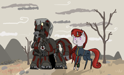 Size: 1659x1005 | Tagged: safe, artist:epmeout, oc, oc only, pony, unicorn, fallout equestria, applejack's rangers, clothes, horn, horn ring, jumpsuit, ring, steel ranger, vault suit, wasteland
