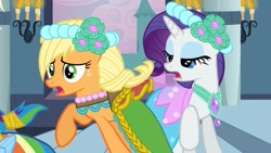 Size: 2110x1194 | Tagged: safe, screencap, applejack, rarity, earth pony, pony, unicorn, a canterlot wedding, g4, alternate hairstyle, bridesmaid, bridesmaid applejack, bridesmaid dash, bridesmaid dress, bridesmaid rarity, candle, canterlot, canterlot castle, castle, clothes, concerned, dress, female, floral head wreath, flower, flower in hair, force field, missing accessory, royal wedding, running, shocked, shocked expression, steps