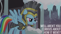 Size: 1280x720 | Tagged: safe, edit, edited screencap, editor:quoterific, screencap, commander hurricane, rainbow dash, pegasus, pony, g4, hearth's warming eve (episode), season 2, armor, solo