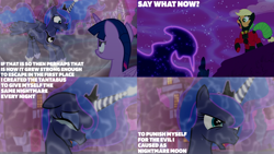 Size: 2000x1125 | Tagged: safe, edit, edited screencap, editor:quoterific, screencap, applejack, mistress marevelous, princess luna, tantabus, twilight sparkle, alicorn, pony, do princesses dream of magic sheep, g4, season 5, ponyville, power ponies, twilight sparkle (alicorn)