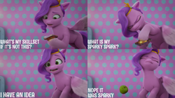 Size: 2000x1125 | Tagged: safe, edit, edited screencap, editor:quoterific, screencap, pipp petals, pegasus, pony, ali-conned, g5, my little pony: make your mark, my little pony: make your mark chapter 2, spoiler:my little pony: make your mark, spoiler:my little pony: make your mark chapter 2, spoiler:mymc02e04, apple, colored wings, crown, eyebrows, eyes closed, female, food, frown, implied sparky sparkeroni, jewelry, mare, open mouth, phone, regalia, solo, spread wings, wings
