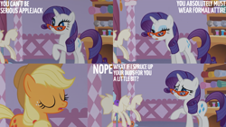 Size: 2000x1125 | Tagged: safe, edit, edited screencap, editor:quoterific, screencap, applejack, rarity, earth pony, pony, unicorn, g4, season 1, suited for success, carousel boutique, female, glasses, mannequin, mare, rarity's glasses