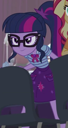 Size: 290x544 | Tagged: safe, screencap, rainbow dash, sci-twi, sunset shimmer, twilight sparkle, human, cheer you on, equestria girls, g4, my little pony equestria girls: better together, >:), bowtie, chair, clothes, cutie mark on clothes, determined smile, geode of telekinesis, glasses, jewelry, magical geodes, offscreen character, offscreen human, pendant, polo shirt, ponytail, skirt, smiling, smirk, solo