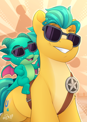Size: 2025x2864 | Tagged: safe, artist:rivin177, hitch trailblazer, sparky sparkeroni, dragon, earth pony, pony, g5, baby, baby dragon, badge, glasses, high res, horns, male, sheriff, simple background, stallion, stars, wings