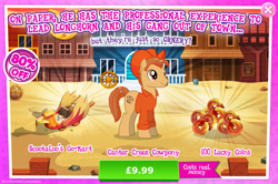 Size: 1959x1297 | Tagged: safe, gameloft, lasso looper, earth pony, pony, g4, my little pony: magic princess, advertisement, clothes, costs real money, cowboy hat, english, hat, introduction card, kart, male, mobile game, numbers, sale, shirt, solo, stallion, text