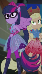 Size: 309x539 | Tagged: safe, screencap, applejack, sci-twi, twilight sparkle, human, cheer you on, equestria girls, g4, spoiler:eqg series (season 2), alternate hairstyle, armpits, belt, boots, clothes, cowboy boots, cowboy hat, cropped, cutie mark on clothes, frills, gorget, hand on hip, hat, jewelry, knee-high boots, leggings, ponied up, pony ears, regalia, shirt, shoes, skirt, sleeveless, sleeveless shirt, stetson, super ponied up, wings