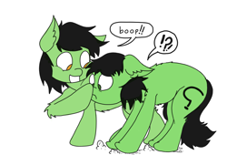 Size: 3006x2041 | Tagged: safe, artist:ponny, oc, oc:filly anon, earth pony, pony, boop, colored, duo, duo female, exclamation point, female, filly, high res, simple background, speech bubble, white background