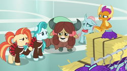 Size: 1280x720 | Tagged: safe, screencap, lighthoof, ocellus, shimmy shake, smolder, yona, changedling, changeling, dragon, earth pony, pony, yak, 2 4 6 greaaat, g4, bow, cheerleader, cheerleader outfit, clothes, clothes rack, cloven hooves, dragoness, female, hair bow, hay bale, mare, monkey swings