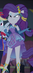 Size: 248x548 | Tagged: safe, screencap, rainbow dash, rarity, human, cheer you on, equestria girls, g4, my little pony equestria girls: better together, alternate hairstyle, belt, cape, clothes, cropped, duo, duo female, eyebrows, eyeshadow, female, gloves, hand on hip, jewelry, lidded eyes, long gloves, makeup, offscreen character, offscreen human, ponied up, sleeveless, smug, solo focus, super ponied up, tiara