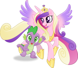 Size: 4717x4152 | Tagged: safe, artist:starcollider, princess cadance, spike, alicorn, dragon, pony, g4, my little pony: the movie, .svg available, absurd resolution, colored wings, colored wingtips, duo, female, flying, jewelry, male, mare, open mouth, regalia, simple background, spread wings, svg, transparent background, vector, wings