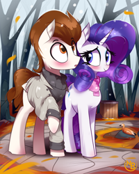 Size: 2896x3620 | Tagged: safe, artist:nevobaster, rarity, oc, oc:rml, bird, duck, pegasus, pony, unicorn, g4, autumn, canon x oc, clothes, coat, cute, duo, duo male and female, female, forest, high res, horn, male, mare, not pipsqueak, park, pegasus oc, raribetes, scarf, snow, snowfall, stallion, straight, surprised, sweater