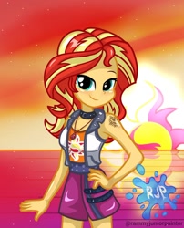 Size: 1080x1335 | Tagged: safe, alternate version, artist:rjp.rammy, sunset shimmer, human, equestria girls, equestria girls series, g4, bare shoulders, blushing, breasts, busty sunset shimmer, cleavage, clothes, cutie mark on clothes, female, geode of empathy, hand on hip, jewelry, looking at you, magical geodes, necklace, signature, sleeveless, smiling, smiling at you, solo, sunset, tattoo, vest
