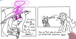 Size: 1322x685 | Tagged: safe, artist:firecracker, oc, earth pony, pony, unicorn, butt, comic, death, dialogue, female, glowing, glowing horn, gun, head shot, horn, magic, mouth hold, partial color, plot, weapon