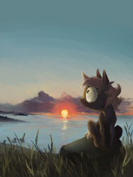 Size: 960x1280 | Tagged: safe, artist:spectralunicorn, oc, oc only, oc:forty winks, earth pony, pony, cloud, grass, lake, painting, sitting, solo, sunrise, water