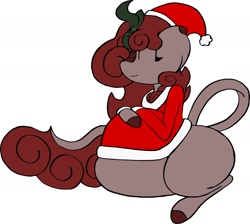 Size: 1826x1636 | Tagged: safe, artist:horsecello, oc, oc:pepper, kirin, belly, big belly, christmas, fat, female, hat, holiday, santa hat, simple background, sitting, solo, white background