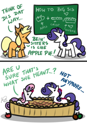 Size: 2894x4093 | Tagged: safe, artist:julunis14, applejack, rarity, sweetie belle, earth pony, pony, unicorn, series:my little honses, g4, sisterhooves social, 2 panel comic, :v, apple, apple pie, belle sisters, chalkboard, chest fluff, comic, dialogue, digital art, eyes closed, fancy mathematics, female, filly, foal, food, high res, literal, literal minded, mare, math, messy, misspelling, misunderstanding, open mouth, parody, pie, scene interpretation, siblings, signature, silly, simple background, sisters, white background