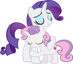 Size: 781x679 | Tagged: safe, editor:incredibubbleirishguy, rarity, sweetie belle, pony, unicorn, for whom the sweetie belle toils, g4, background removed, cute, diasweetes, duo, eyes closed, female, filly, grin, hug, mare, raribetes, sibling love, siblings, simple background, sisterly love, sisters, smiling, sweetie belle's cutie mark, the cmc's cutie marks, transparent background