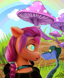 Size: 748x908 | Tagged: safe, artist:scornedremnant, edit, editor:scornedremnant, sunny starscout, earth pony, pony, snake, g5, my little pony: a new generation, 1000 years in photoshop, bad edit, coils, hypno eyes, hypnosis, kaa, kaa eyes, wat