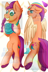 Size: 1000x1493 | Tagged: safe, artist:exobass, sunny starscout, alicorn, earth pony, pony, g5, bag, body pillow, body pillow design, crystal, earth pony crystal, mane stripe sunny, obtrusive watermark, pegasus crystal, race swap, solo, sunnycorn, unicorn crystal, unity crystals, watermark