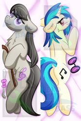 Size: 1000x1493 | Tagged: safe, artist:exobass, dj pon-3, octavia melody, vinyl scratch, earth pony, pony, unicorn, g4, body pillow, body pillow design, bow (instrument), cello bow, duo, glasses, music, obtrusive watermark, watermark