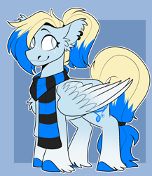 Size: 828x956 | Tagged: safe, artist:rockin_candies, oc, oc only, oc:azure opus, pegasus, pony, blind, clothes, colored wings, ear fluff, ear piercing, female, mare, piercing, ponytail, scarf, solo, striped scarf, tail, two toned mane, two toned tail, two toned wings, unshorn fetlocks, wings