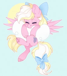Size: 960x1080 | Tagged: safe, artist:sadelinav, oc, oc only, oc:bay breeze, pegasus, pony, bow, cloud, eyes closed, female, hair bow, mare, pegasus oc, quadrupedal, smiling, solo, spread wings, tail, tail bow, wings