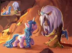 Size: 2560x1871 | Tagged: safe, artist:jewellier, idw, official comic, discord, izzy moonbow, draconequus, pony, unicorn, g5, spoiler:comic, spoiler:g5comic, spoiler:g5comic10, broken horn, crying, crystal, duo, duo male and female, female, high res, horn, immortality blues, kneeling, lava, male, mare, old man discord, older, pegasus crystal, phone, raised hoof, scene interpretation, wip
