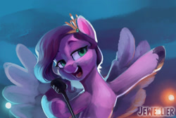 Size: 2560x1707 | Tagged: safe, ai assisted, ai content, artist:jewellier, pipp petals, pegasus, pony, g5, abstract background, adorapipp, cute, female, looking away, mare, microphone, raised hoof, singing, wings, wip