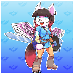 Size: 4096x4096 | Tagged: safe, artist:jisito, oc, oc only, oc:arwencuack, pegasus, anthro, gradient background, solo, sword, the legend of zelda, the legend of zelda: breath of the wild, triforce, weapon