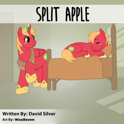 Size: 800x800 | Tagged: safe, artist:waxraven, big macintosh, alicorn, earth pony, pony, fanfic:split apple, g4, alicornified, bed, fanfic, fanfic art, fanfic cover, female, jewelry, macareina, male, mare, princess big mac, race swap, regalia, rule 63, stallion, unshorn fetlocks