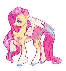 Size: 1282x1392 | Tagged: safe, artist:amaryllidae, fluttershy, pegasus, pony, g4, alternate design, coat markings, concave belly, female, mare, pale belly, quadrupedal, raised hoof, simple background, socks (coat markings), solo, transparent background