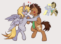 Size: 2048x1506 | Tagged: safe, artist:cloverquil, derpy hooves, doctor whooves, time turner, earth pony, pegasus, pony, g4, bipedal, duo, female, heart, male, scene interpretation, ship:doctorderpy, shipping, simple background, stallion, straight, white background