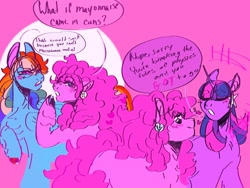 Size: 2048x1536 | Tagged: safe, artist:rare-apples, pinkie pie, rainbow dash, twilight sparkle, alicorn, earth pony, pegasus, pony, g4, 2d, colored, digital art, ear piercing, earring, female, happy, horn, hug, jewelry, lesbian, looking at each other, looking at someone, love, mare, piercing, ship:twinkie, shipping, smiling, smiling at each other, standing, twilight sparkle (alicorn), wings