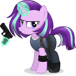 Size: 4191x4190 | Tagged: safe, artist:anime-equestria, starlight glimmer, pony, unicorn, g4, absurd resolution, alternate hairstyle, armband, badass, boots, clothes, fashion, female, glock, gun, handgun, horn, jewelry, jill valentine, levitation, magic, mare, necklace, pistol, resident evil, resident evil 3 remake, shoes, simple background, solo, telekinesis, transparent background, vector, weapon