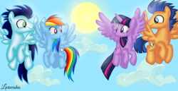 Size: 1980x1020 | Tagged: safe, artist:mlplary6, flash sentry, rainbow dash, soarin', twilight sparkle, alicorn, pegasus, pony, g4, boyfriend and girlfriend, cloud, date, double date, female, flying, friends, looking at each other, looking at someone, male, mare, ship:flashlight, ship:soarindash, shipping, sky, smiling, smiling at each other, stallion, straight, sun, twilight sparkle (alicorn)