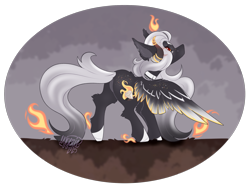 Size: 2323x1750 | Tagged: safe, artist:ezzerie, oc, oc only, oc:smolder, pegasus, pony, female, fire, horns, jewelry, mare, simple background, solo, transparent background