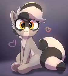 Size: 2175x2431 | Tagged: safe, artist:pabbley, oc, oc only, oc:bandy cyoot, hybrid, pony, raccoon, raccoon pony, cute, cute little fangs, fangs, female, floating heart, frog (hoof), heart, high res, looking at you, mare, ocbetes, smiling, smiling at you, snaggletooth, solo, underhoof