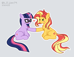 Size: 1476x1150 | Tagged: safe, artist:lzjian79, sci-twi, sunset shimmer, twilight sparkle, pony, unicorn, equestria girls, g4, chest fluff, duo, equestria girls ponified, female, gray background, heart, lesbian, ship:sci-twishimmer, ship:sunsetsparkle, shipping, simple background, unicorn sci-twi