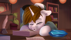 Size: 3840x2160 | Tagged: safe, artist:joaothejohn, oc, oc only, oc:jackson, pony, unicorn, book, clothes, commission, crystal, dark circles, feather, hat, high res, horn, inkwell, lantern, paper, quill, room, sleeping, solo, unicorn oc