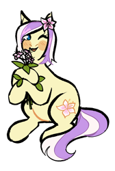 Size: 936x1392 | Tagged: safe, artist:peachybats, oc, oc only, earth pony, pony, blushing, commission, female, flower, mare, one eye closed, open mouth, open smile, simple background, sitting, smiling, solo, tail, white background, wink