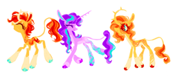 Size: 1280x585 | Tagged: safe, artist:webkinzworldz, starlight glimmer, sunburst, sunset shimmer, pony, unicorn, g4, alternate design, blaze (coat marking), blue eyes, closed mouth, coat markings, colored hooves, concave belly, countershading, curved horn, eyes closed, eyeshadow, facial markings, female, hoof polish, horn, leonine tail, makeup, mare, open mouth, pale belly, redesign, simple background, slender, smiling, socks (coat markings), spiked horn, tail, thin, trio, white background