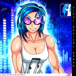 Size: 2048x2048 | Tagged: safe, artist:zecruschan17, dj pon-3, vinyl scratch, human, g4, breasts, busty vinyl scratch, cleavage, female, high res, humanized, muscles, muscular female, solo