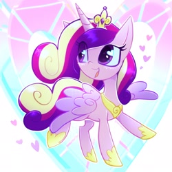 Size: 2048x2048 | Tagged: safe, artist:qwennondeathdie, princess cadance, alicorn, pony, g4, crown, cute, cutedance, eye clipping through hair, female, happy, heart, heart eyes, high res, horn, jewelry, mare, open mouth, open smile, regalia, signature, smiling, solo, spread wings, wingding eyes, wings
