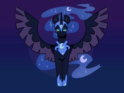 Size: 2048x1535 | Tagged: safe, artist:anxietymonstrr, nightmare moon, alicorn, pony, g4, blue background, colored eyelashes, colored pinnae, colored wings, crescent moon, ethereal mane, female, front view, gradient background, jewelry, lidded eyes, looking at you, mare, moon, regalia, slit pupils, solo, spread wings, standing, starry mane, two toned wings, wings