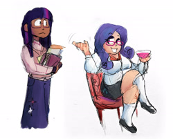 Size: 2475x1988 | Tagged: safe, artist:punkittdev, rarity, twilight sparkle, human, g4, crossed legs, duo, fat, female, glass, glasses, grin, humanized, light skin, moderate dark skin, raritubby, rarity's glasses, simple background, sitting, smiling, white background, wine glass