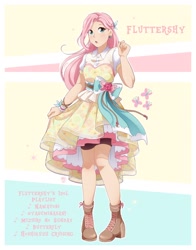 Size: 1606x2048 | Tagged: safe, artist:applesartt, fluttershy, human, g4, blushing, clothes, dress, eye clipping through hair, eyebrows, eyebrows visible through hair, female, humanized, idol, open mouth, solo