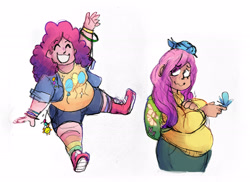 Size: 2975x2164 | Tagged: safe, artist:punkittdev, fluttershy, pinkie pie, bird, human, g4, adorafatty, backpack, bbw, chubby, clothes, duo, fat, fattershy, grin, high res, humanized, light skin, looking at you, looking up, obese, pale skin, piggy pie, pudgy pie, rainbow socks, simple background, smiling, smiling at you, sneaker boots, socks, striped socks, sweater, sweatershy, waving, waving at you, white background